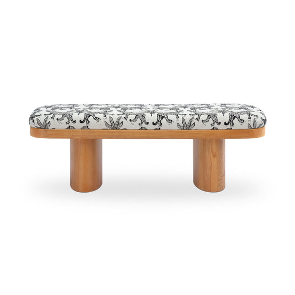 Leopard jacquard bench with rounded top in white, black animal pattern, light wood legs