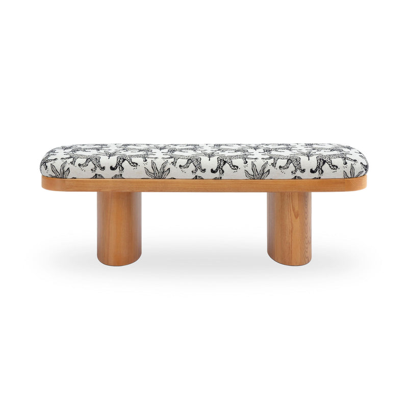 Leopard jacquard bench with rounded top in white, black animal pattern, light wood legs