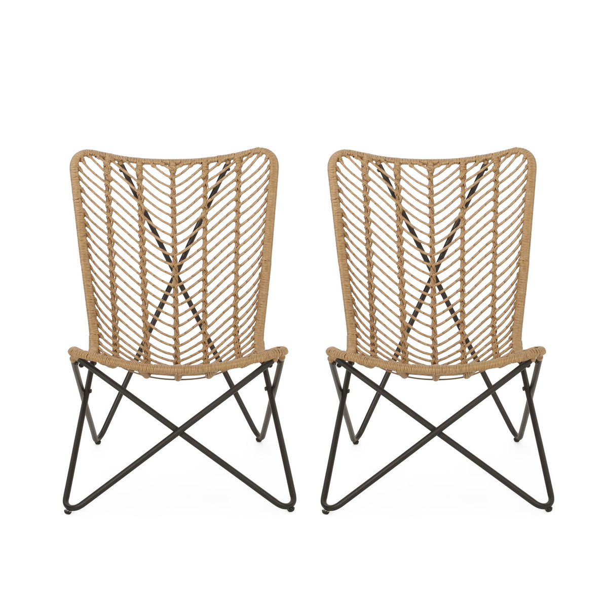 Wicker Chair With Geometric Cross Base, (Set of 2) - Light Brown