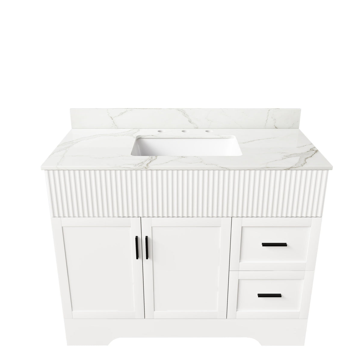 White bathroom vanity set with fluted cabinet, sink top, two doors, two drawers.