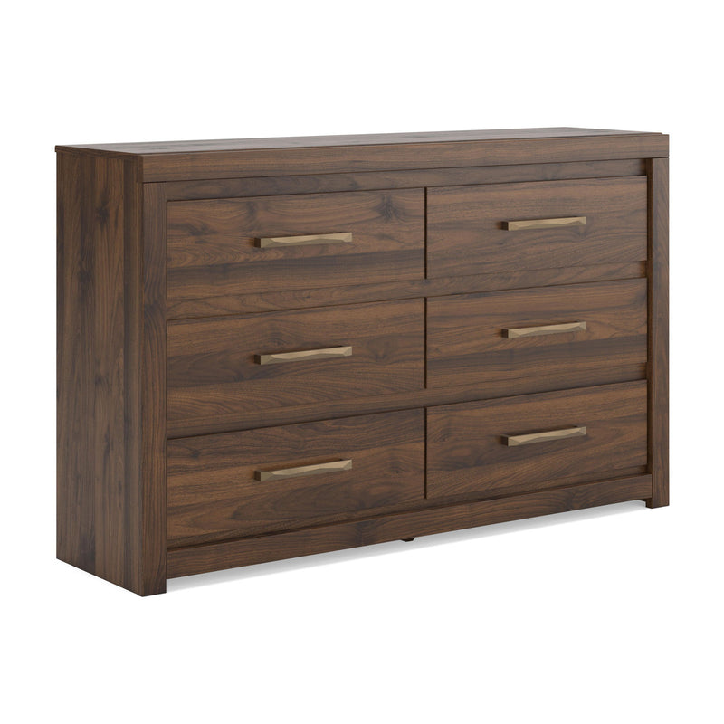 Light brown wood six-drawer dresser with four-panel drawer fronts and bar pulls