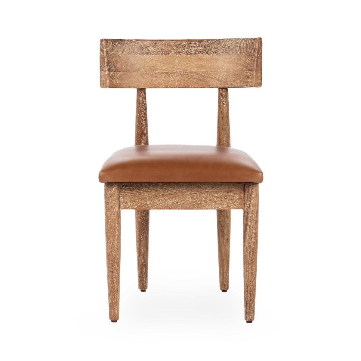 Leather dining chair with tan seat cushion and straight wooden legs