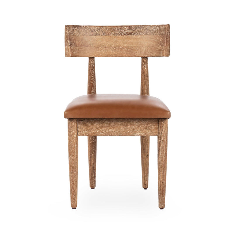 Leather dining chair with tan seat cushion and straight wooden legs