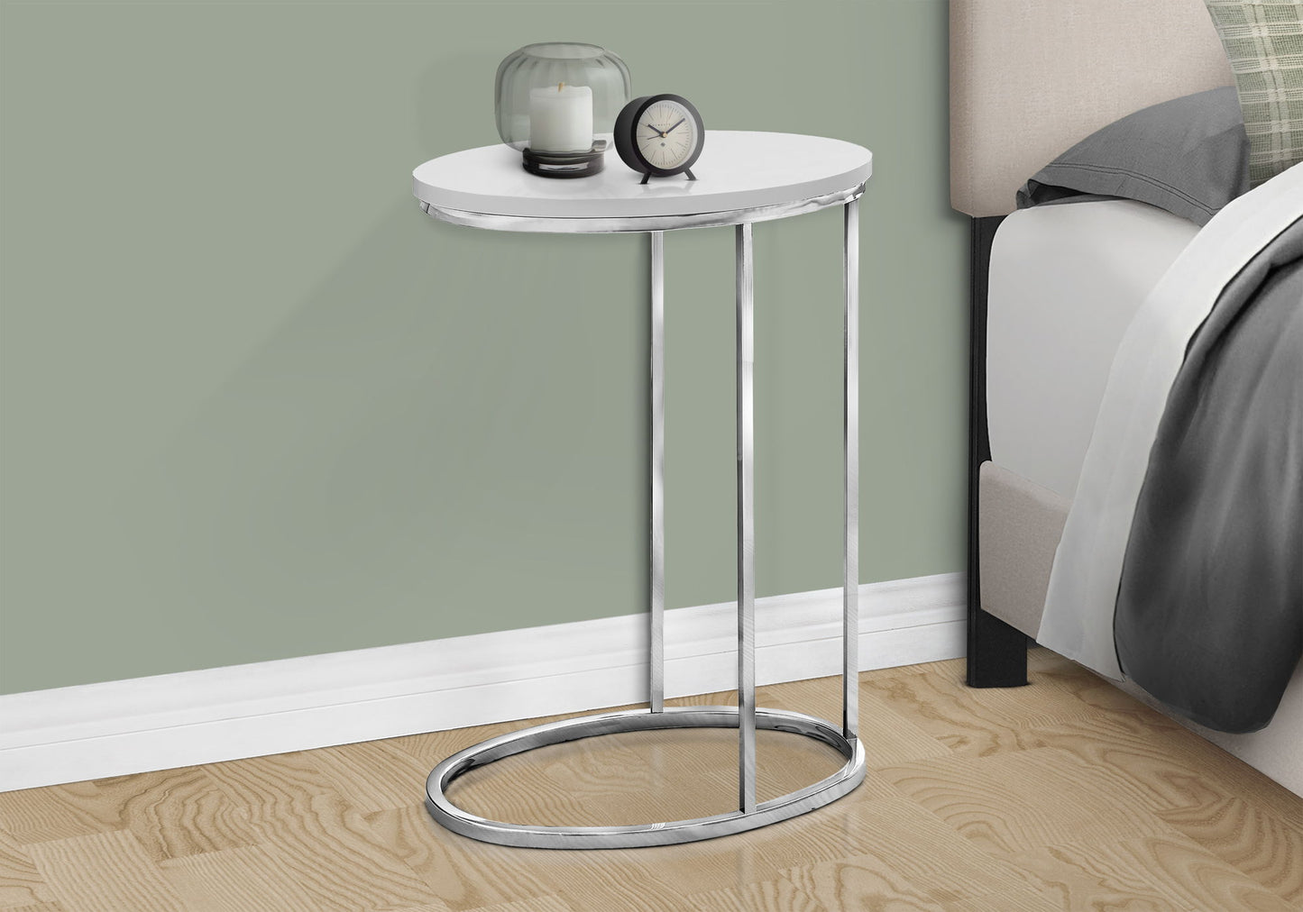 Accent Table, C - Shaped, Glossy Contemporary - White