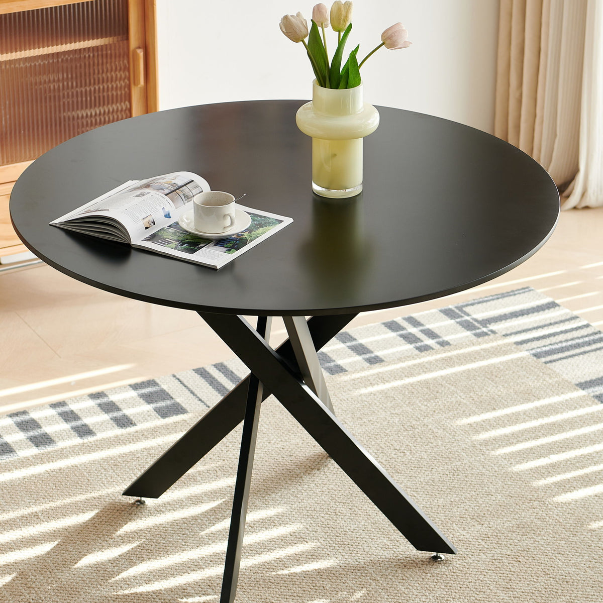 Mid-Century Dining Table For 4 - 6 People With Round MDF Table Top, Pedestal Dining Table, End Table Leisure Coffee Table, Cross Leg