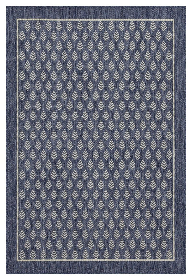 Indoor/outdoor polypropylene area rug, blue with dense chevron pattern and border