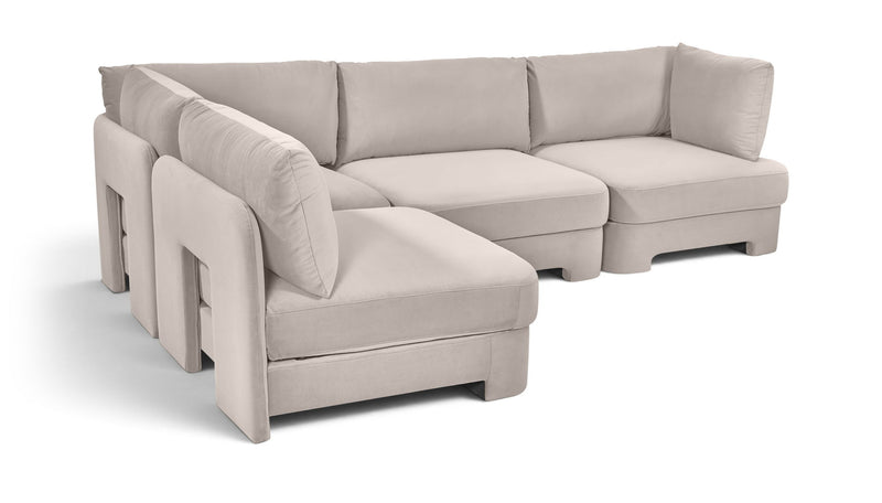 Armless velvet performance fabric sectional, light gray 4-piece corner setup with plush cushions.
