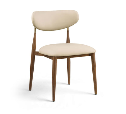 Beige vegan leather dining side chair with rounded backrest and walnut legs