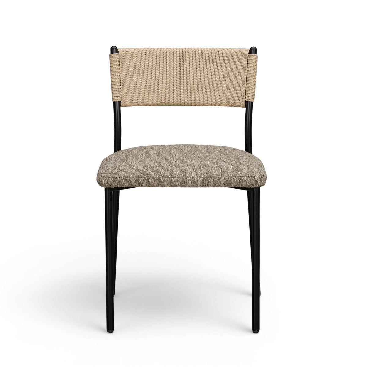 Boucle dining chair with beige fabric back, beige speckled seat cushion, and black legs