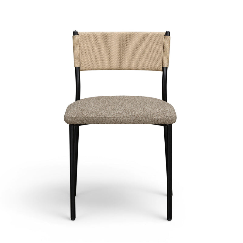 Boucle dining chair with beige fabric back, beige speckled seat cushion, and black legs