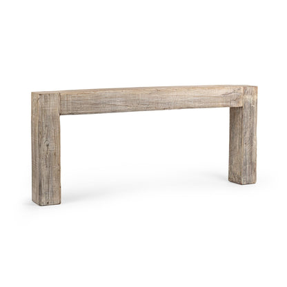 Weathered light wood console table with open rectangular frame legs