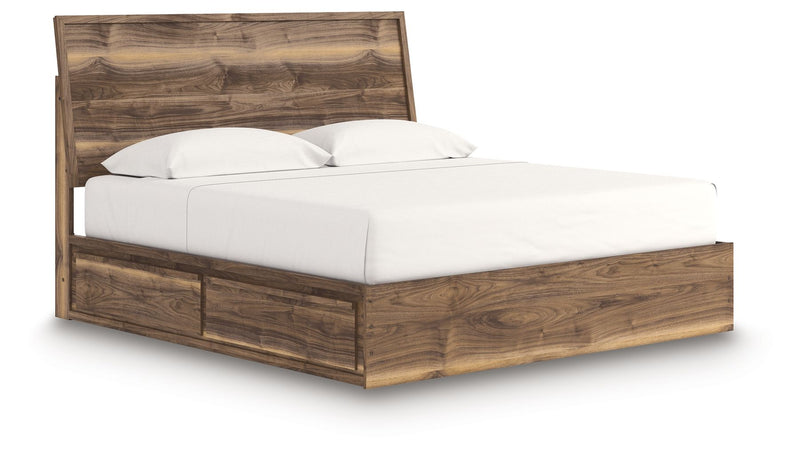 Dark brown panel bed with storage drawers and white mattress, upholstered headboard