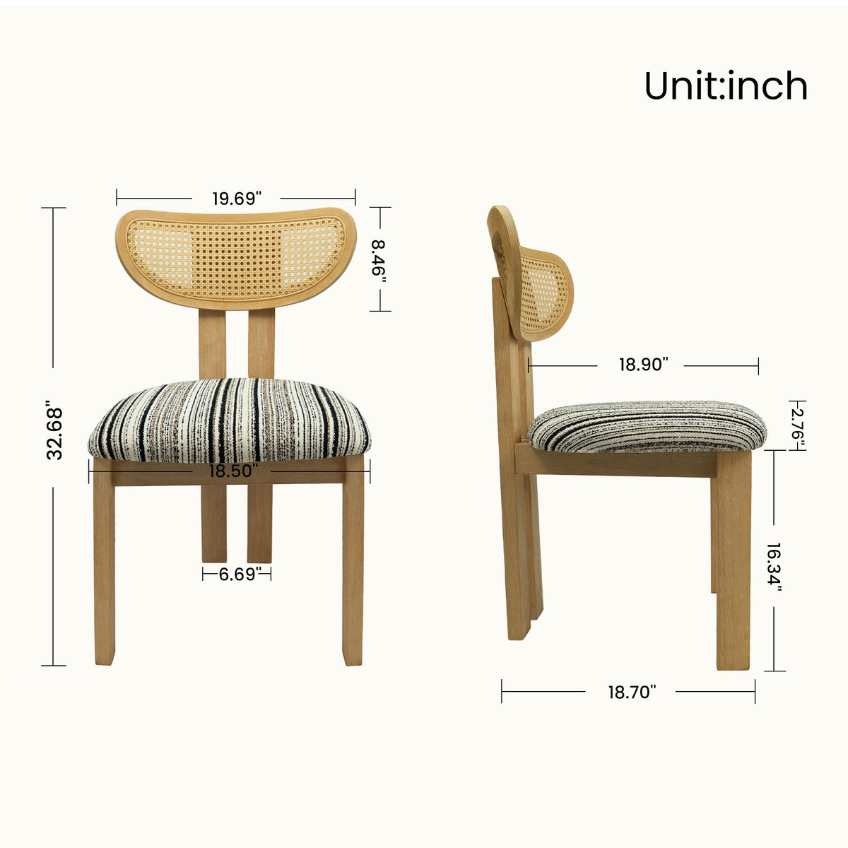 Dining chair with striped upholstered seat, woven rattan back, and light brown wooden frame; dimensions shown