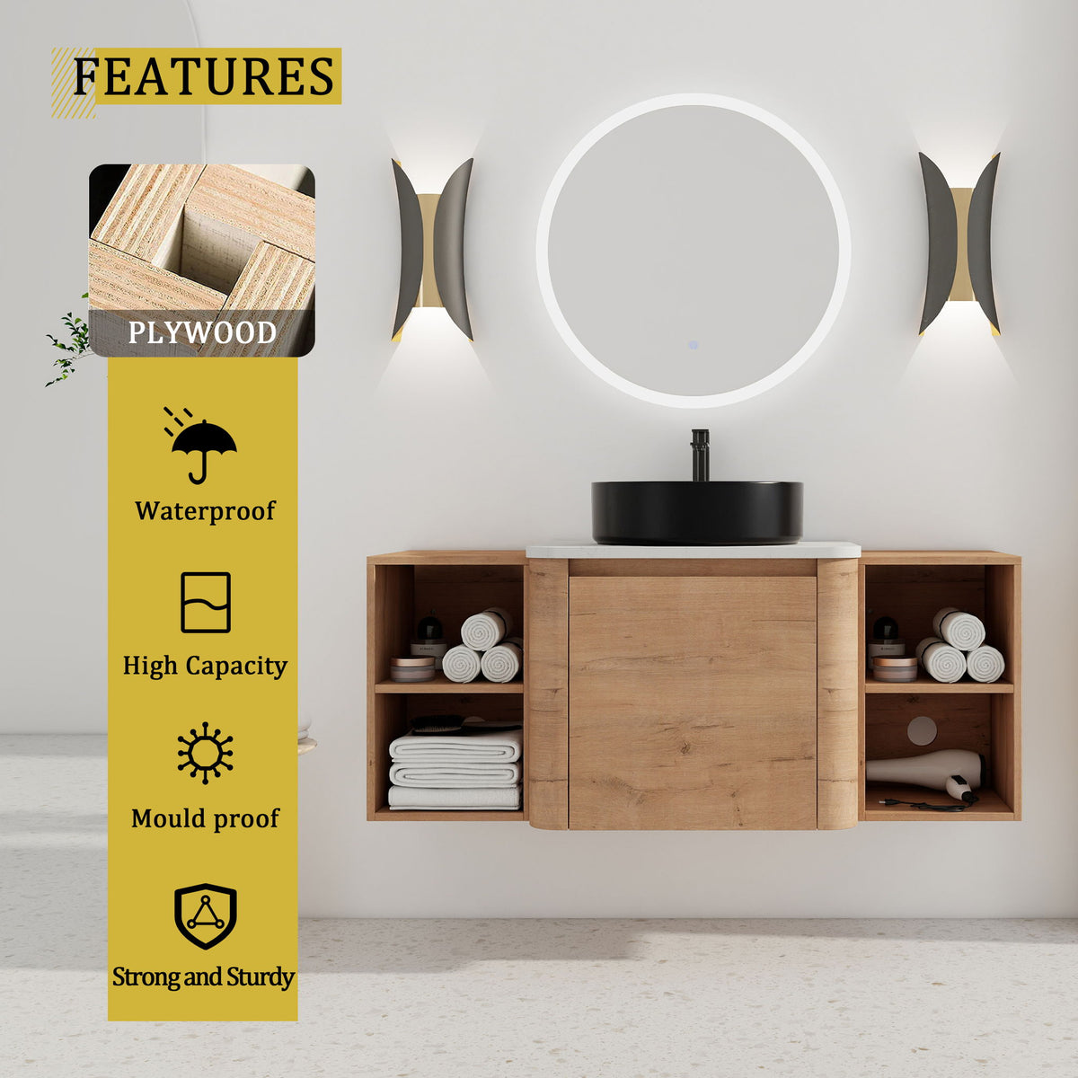 Wall-mounted bathroom vanity with round sink, two storage compartments, soft-close door
