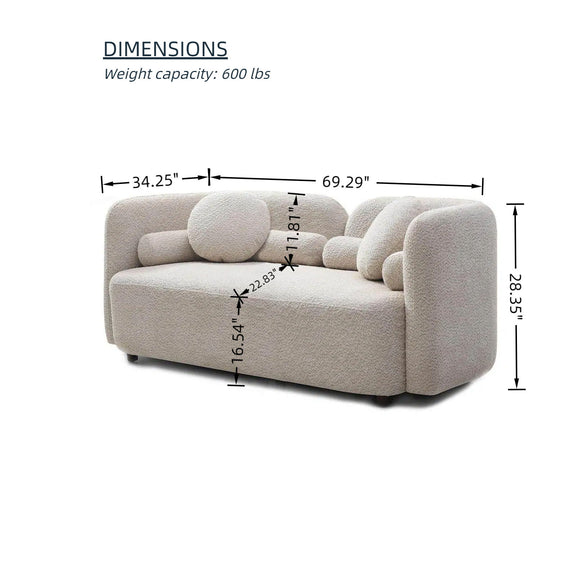 Beige sofa dimensions diagram with curved arms and weight capacity note