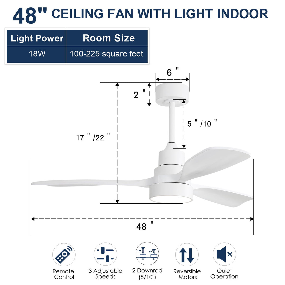 48" Ceiling Fan With Dimmable 3Cct LED Light, DC Motor, Reversible - White