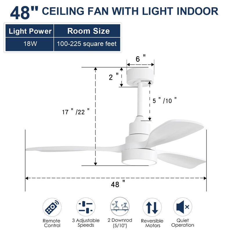 48" Ceiling Fan With Dimmable 3Cct LED Light, DC Motor, Reversible - White