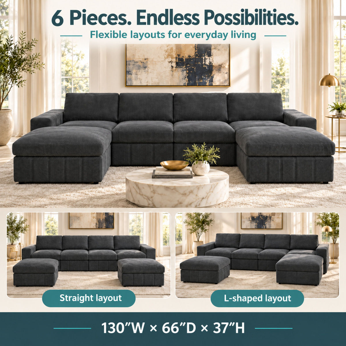Dark gray modular sectional sofa with ottoman pieces, wide L-shape seating