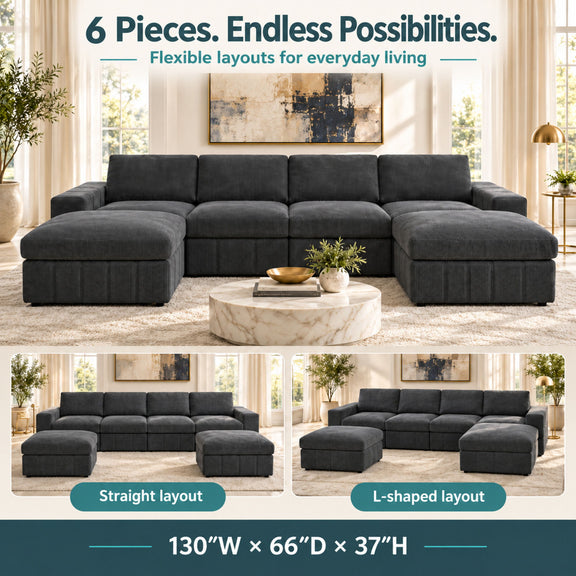 Dark gray modular sectional sofa with ottoman pieces, wide L-shape seating