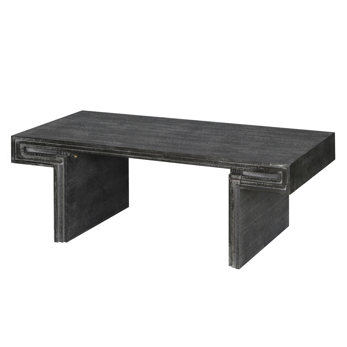 Black industrial double-tier coffee table with distressed finish, rectangular top, open sides.