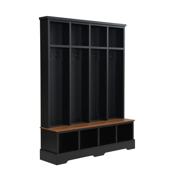 Black hall tree bench with 8 hooks, open cubbies, and a wood top.