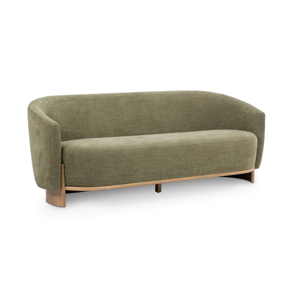 Sage green fabric sofa with curved arms, smooth seat, and light wood legs