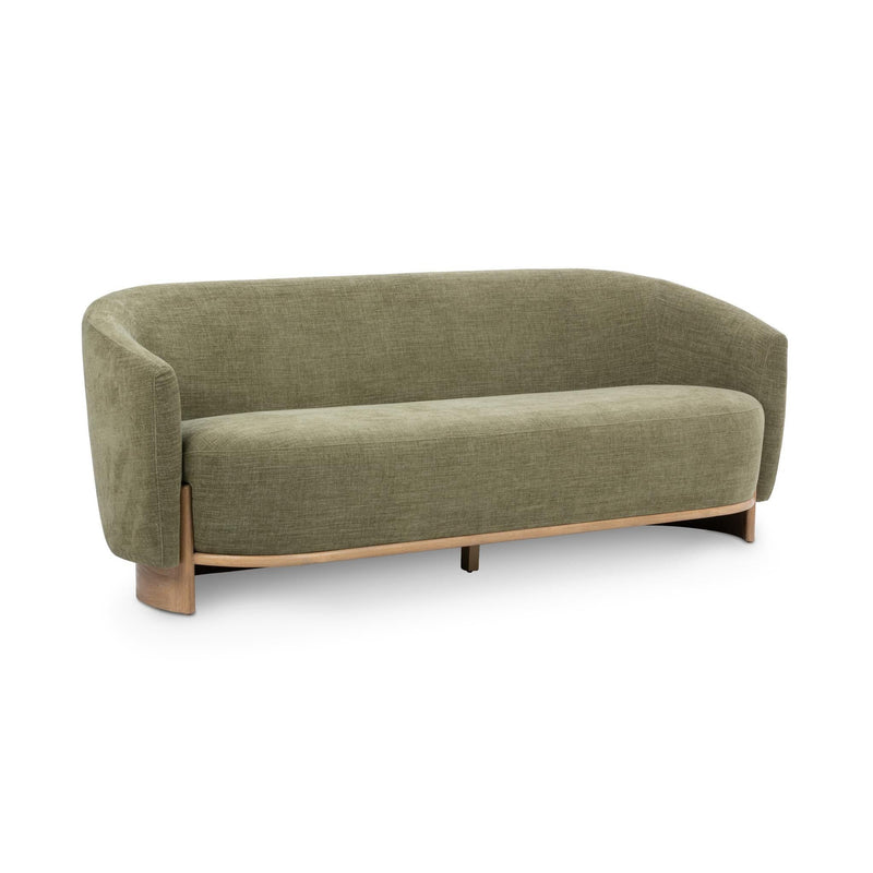 Sage green fabric sofa with curved arms, smooth seat, and light wood legs