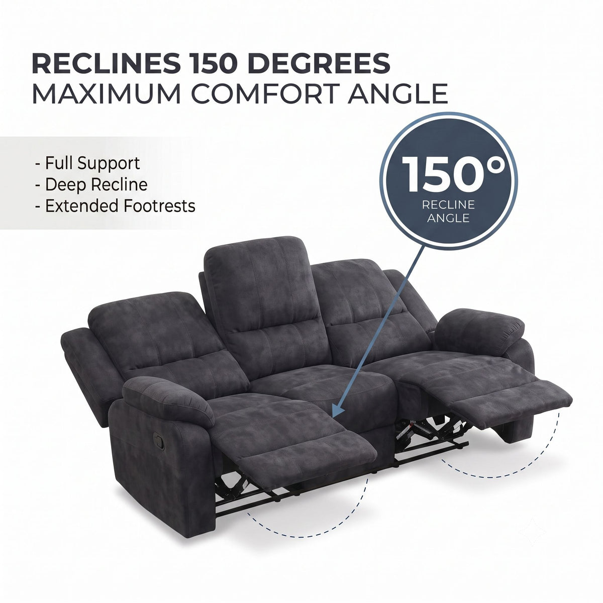 Dark gray reclining sofa extending to 150° recline with footrests