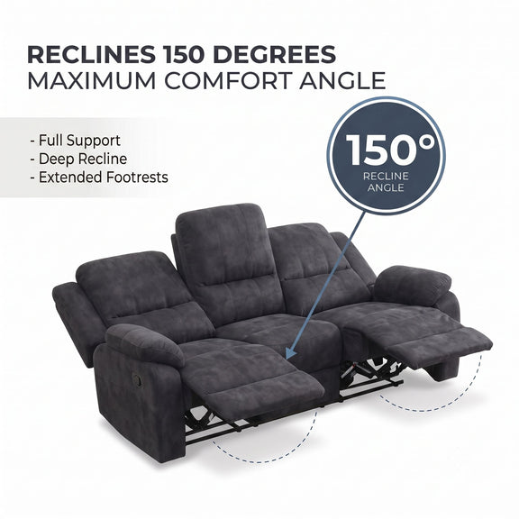 Dark gray reclining sofa extending to 150° recline with footrests