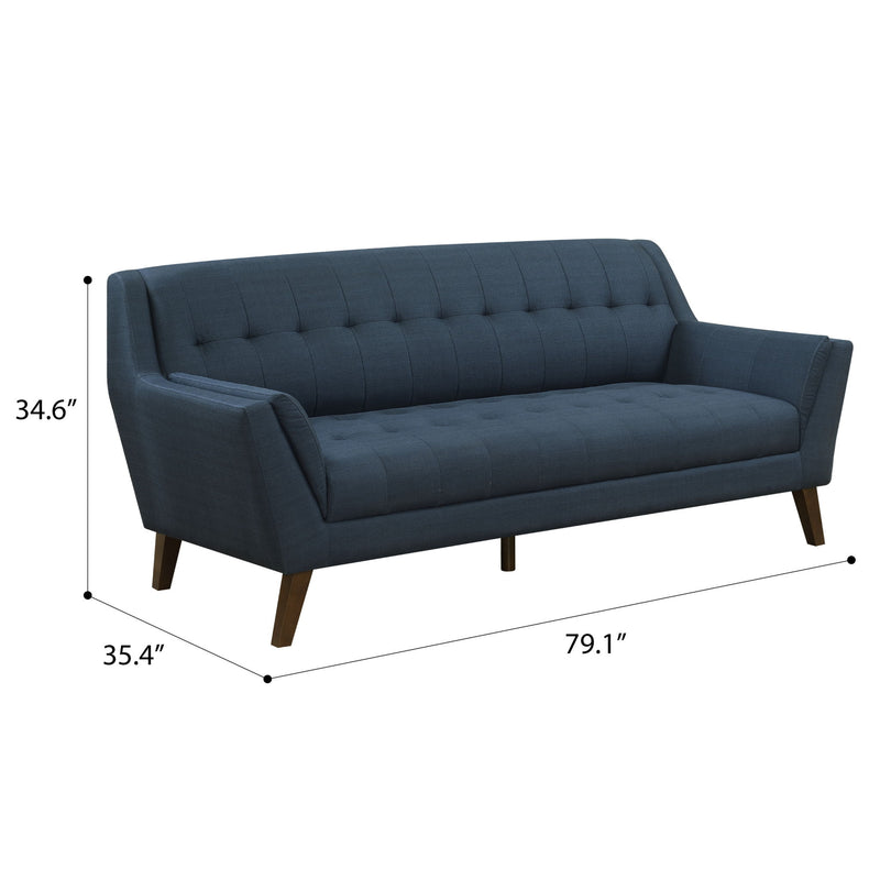 Blue fabric sofa with tufted back and seat, track arms, and wooden legs
