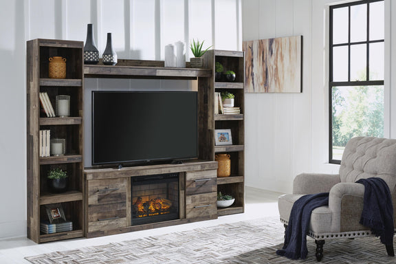 Dark gray entertainment center with TV space, electric fireplace, and open shelves