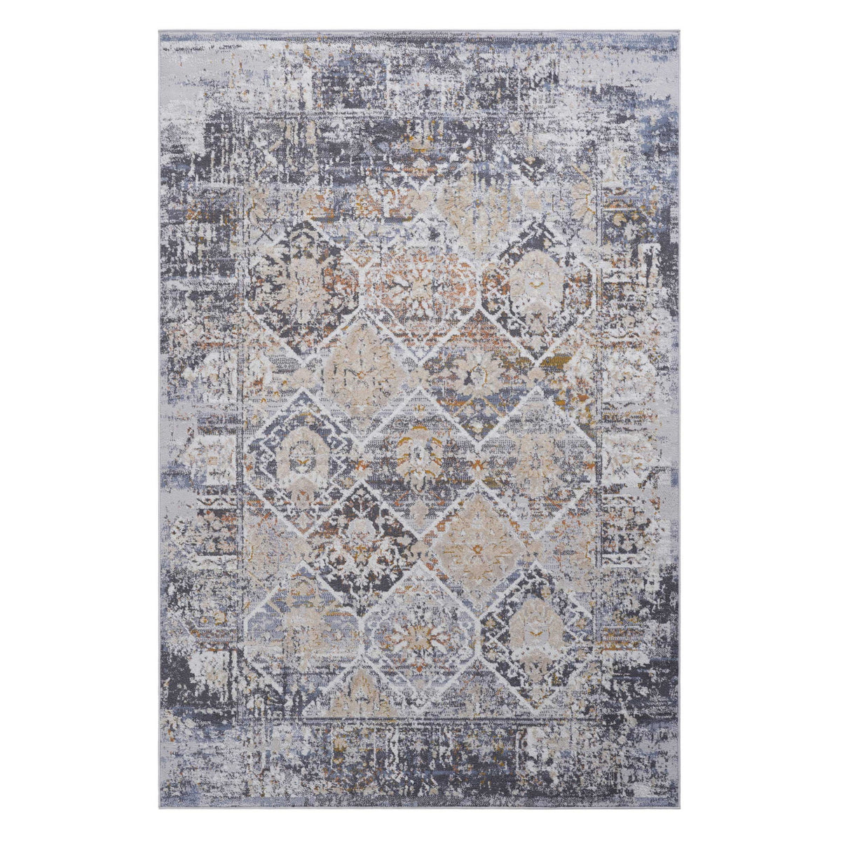 Flat-lay view of traditional area rug with light gray, blue, and cream geometric motifs