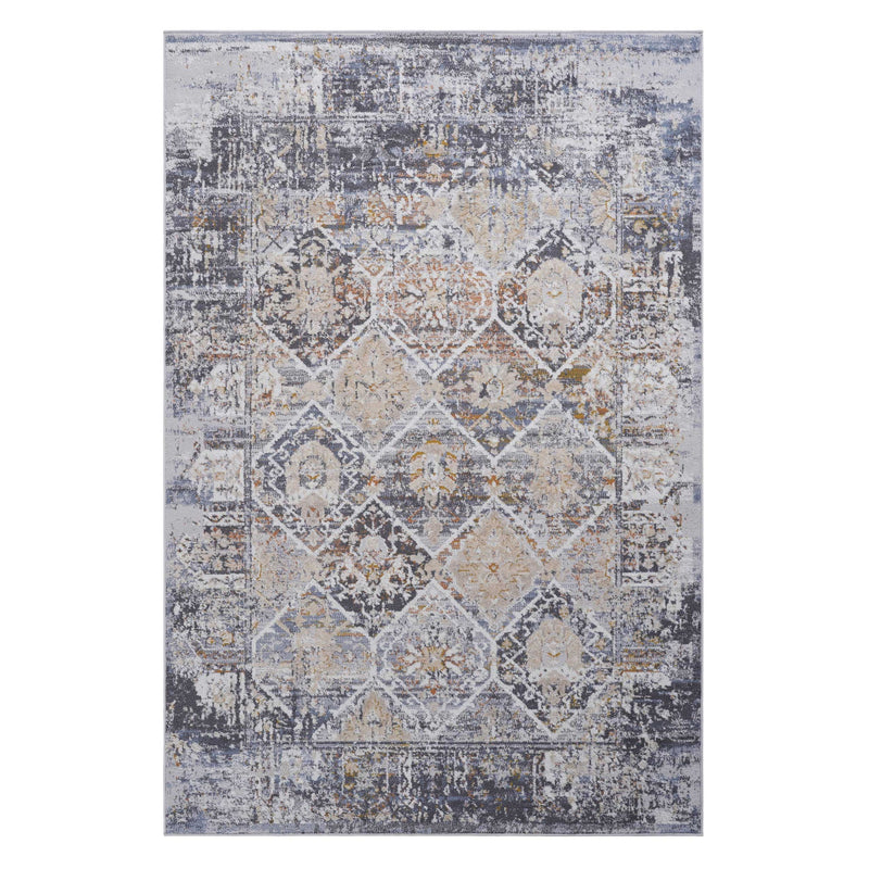 Flat-lay view of traditional area rug with light gray, blue, and cream geometric motifs