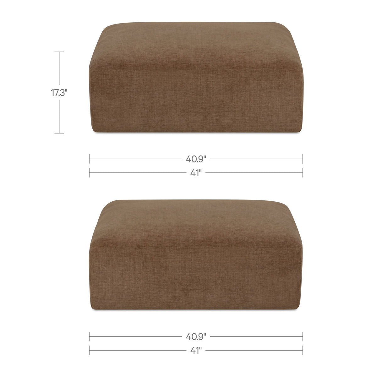Taupe ottoman with fabric upholstery; front and top views with size measurements