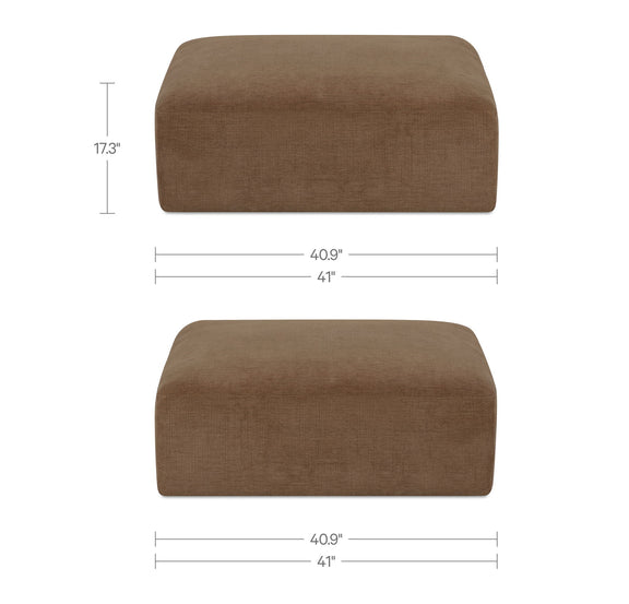 Taupe ottoman with fabric upholstery; front and top views with size measurements