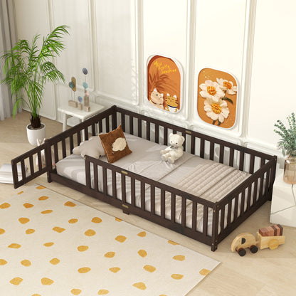 Twin Size Floor Bed with Fence and Door, Rubber Wood Floor Bed with Safety Guardrails, Espresso