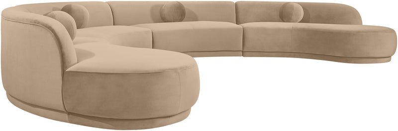 Light beige velvet performance sectional sofa with chaise and rounded seat cushions