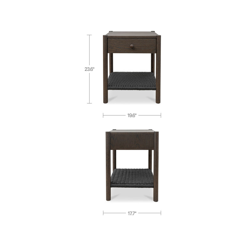 Dark brown accent nightstand front and side views with woven lower shelf and drawer