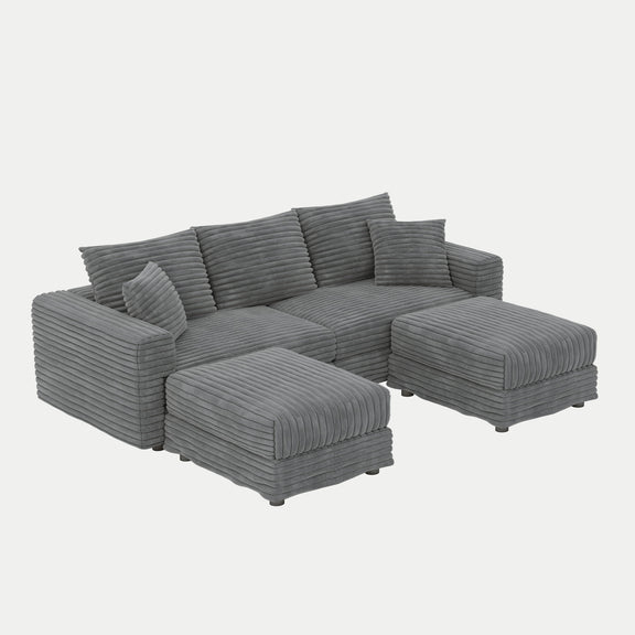Dark gray sectional sofa with chaise corner and two padded ottomans