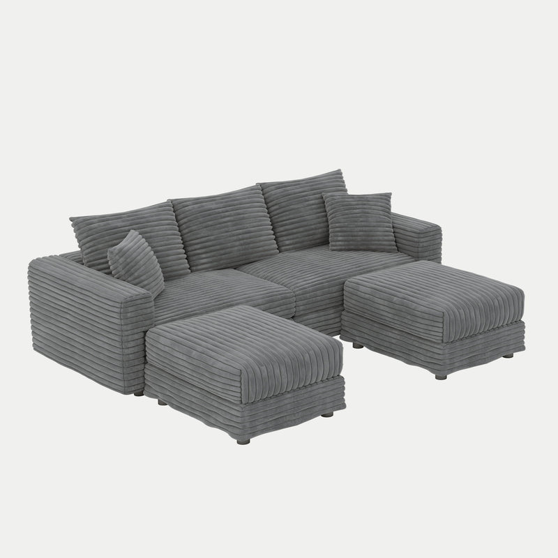Dark gray sectional sofa with chaise corner and two padded ottomans