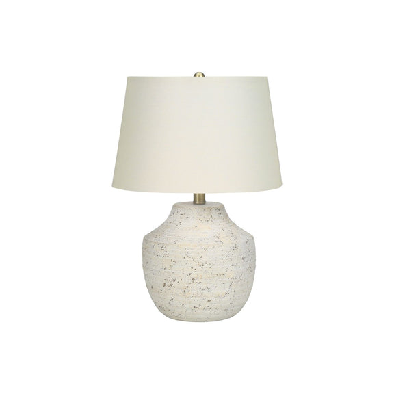 Cream concrete base table lamp with off-white fabric drum shade