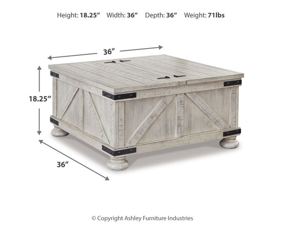 Whitewash storage cocktail table, 36"W x 36"D x 18.25"H