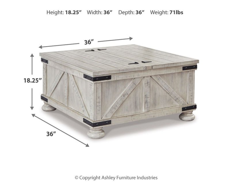 Whitewash storage cocktail table, 36"W x 36"D x 18.25"H