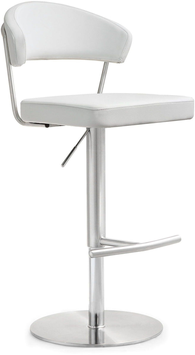 White upholstered stainless steel barstool with curved backrest and chrome base