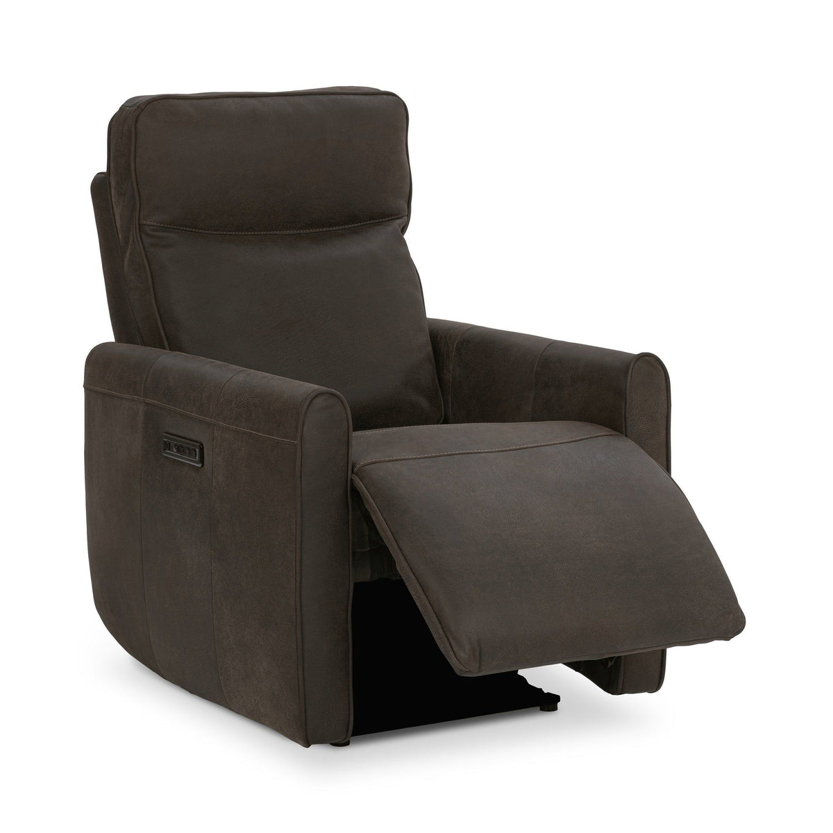 Dark brown leather-look power recliner chair with extended ottoman and side profile