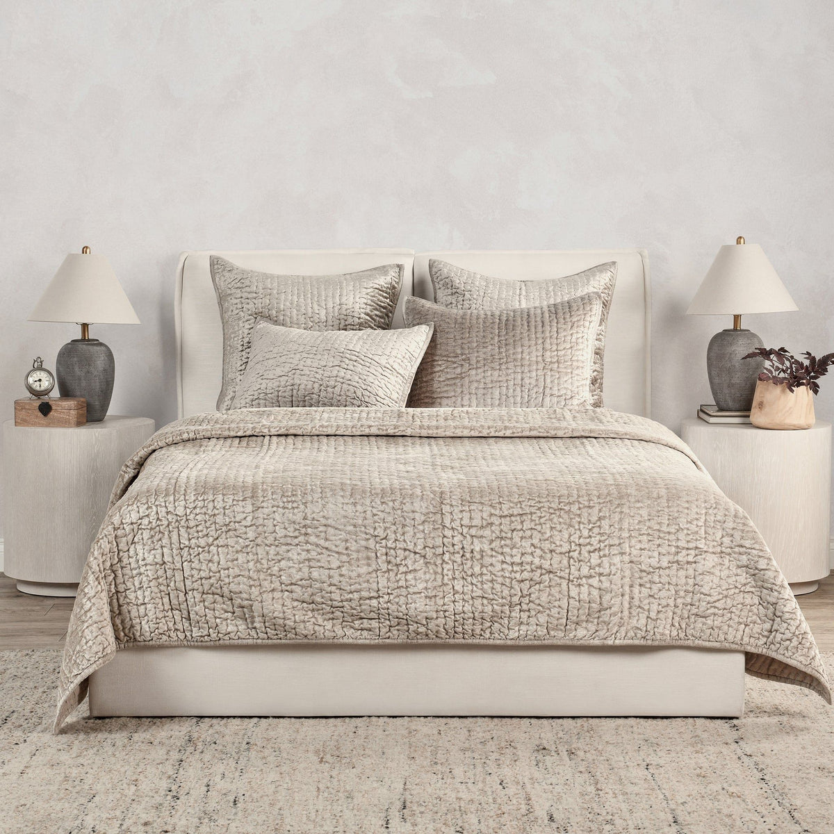 Gray velvet quilt set with quilt and coordinated bed pillows