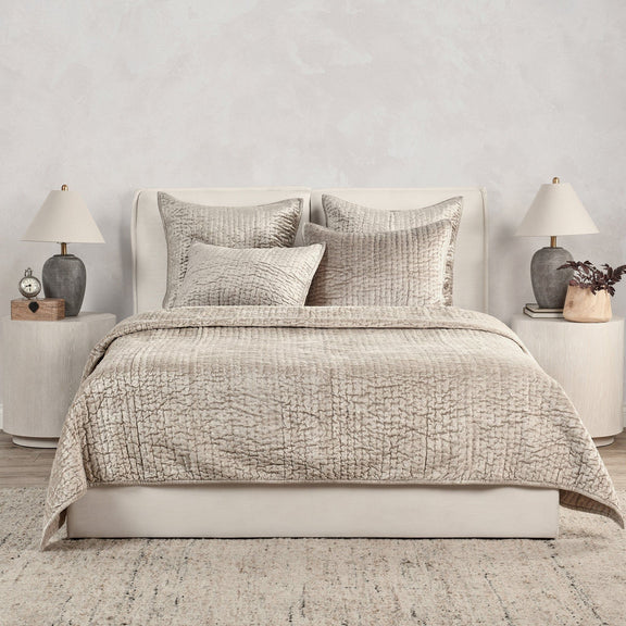 Gray velvet quilt set with quilt and coordinated bed pillows