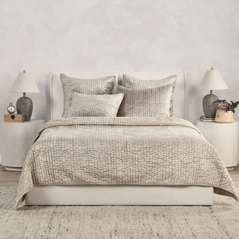 Gray velvet quilt set with quilt and coordinated bed pillows