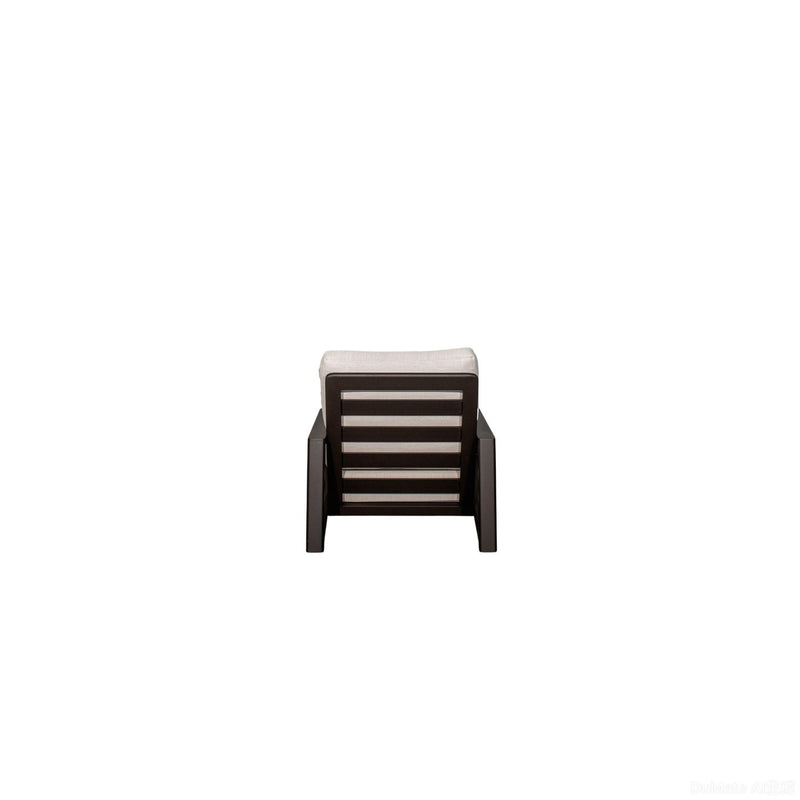 Dark espresso lounge chair with gray upholstered back and seat