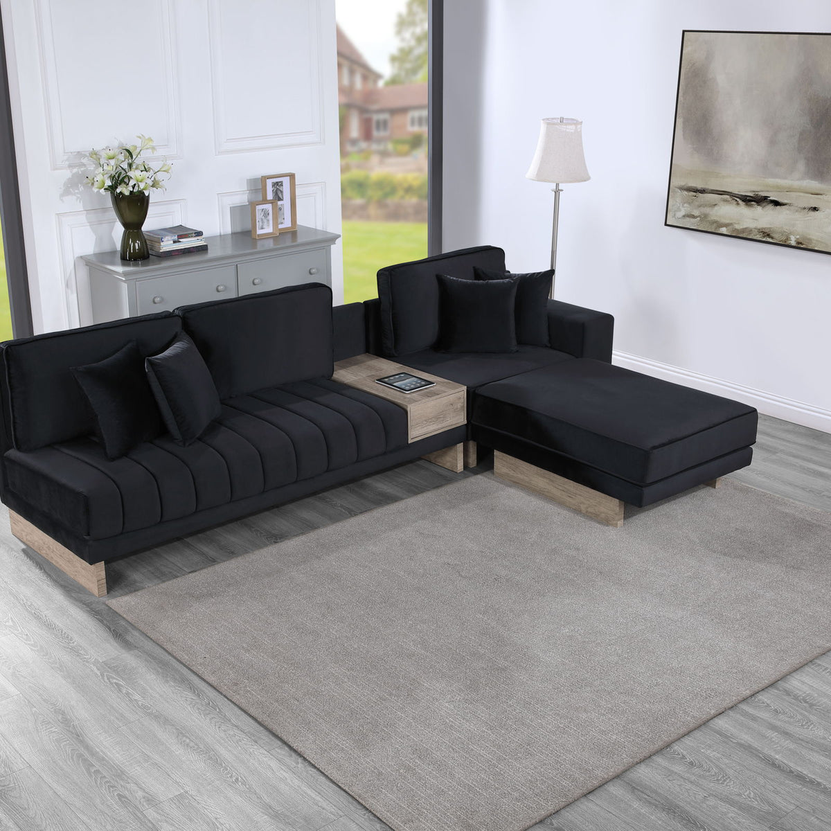 Memphis - Velvet Reversible Sectional Sofa Ottoman With Storage Compartment, Drawer, USB ports, Charging Outlets